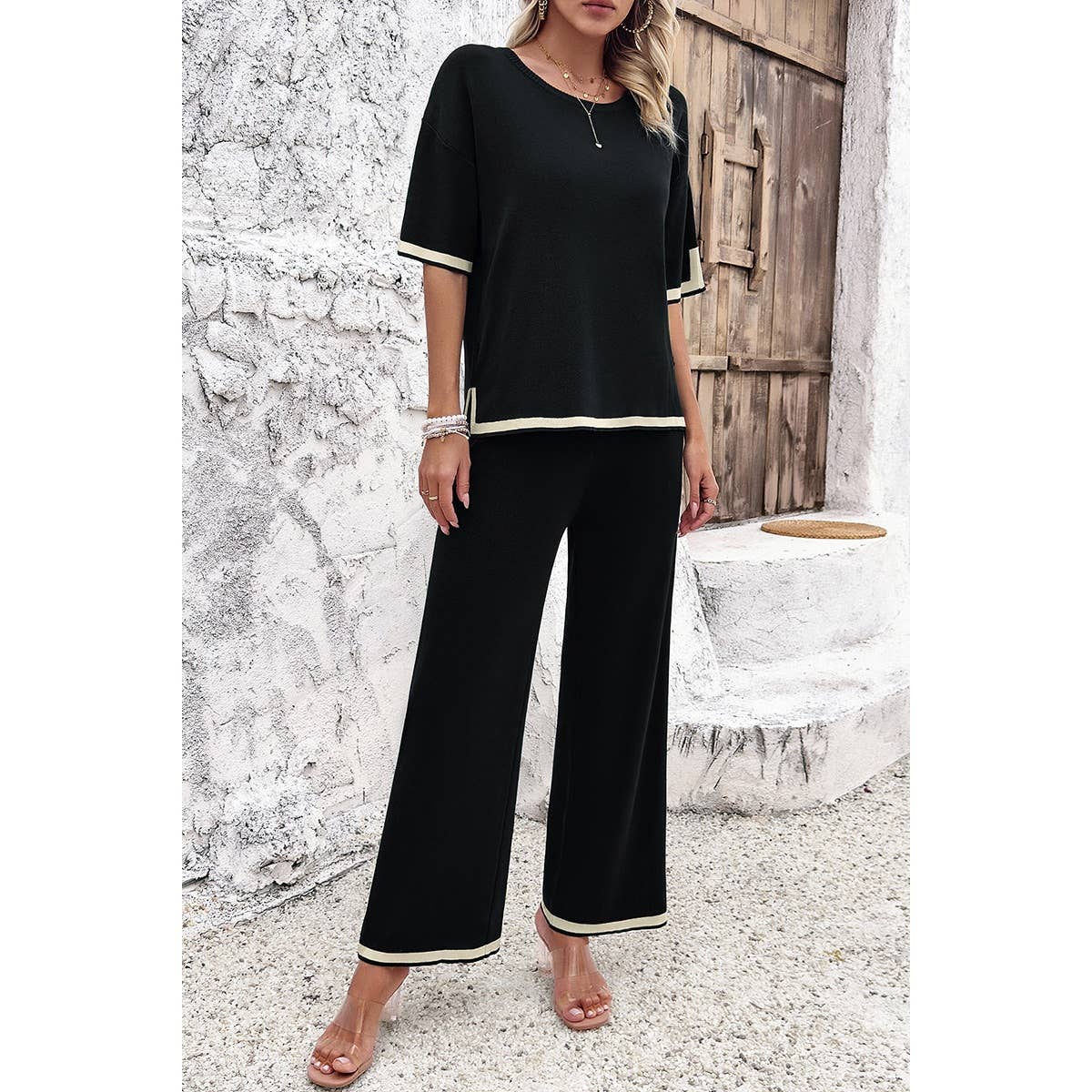 Two Pieces Round Neck Fit Blouse And Pants Sets