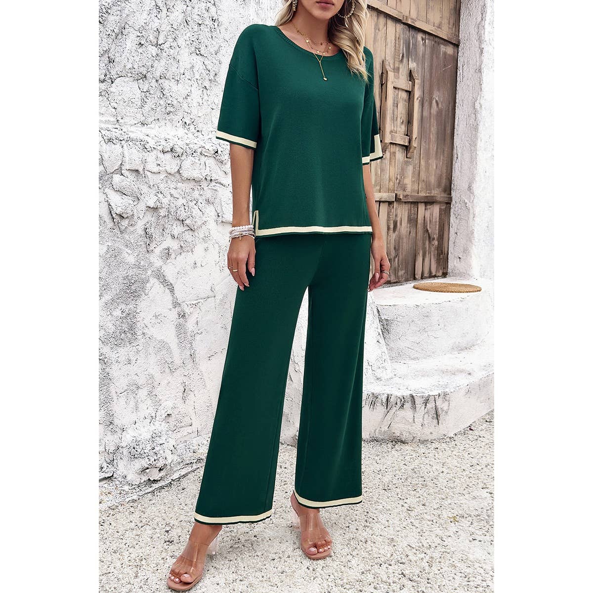 Two Pieces Round Neck Fit Blouse And Pants Sets