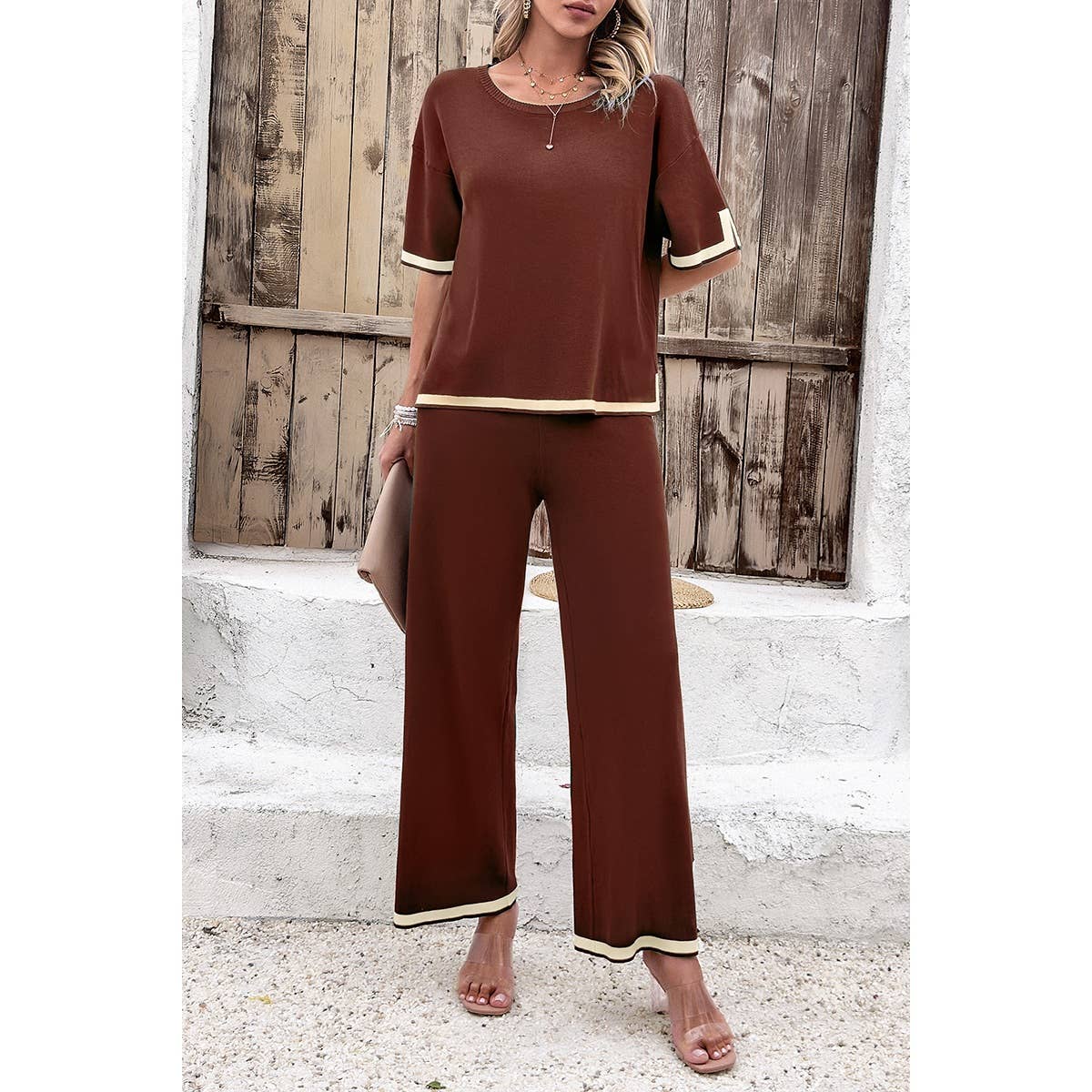 Two Pieces Round Neck Fit Blouse And Pants Sets