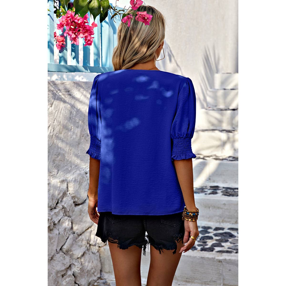 V Neck Half Sleeve Chiffon Ruffle Loose Blouse