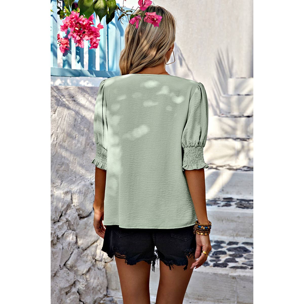 V Neck Half Sleeve Chiffon Ruffle Loose Blouse