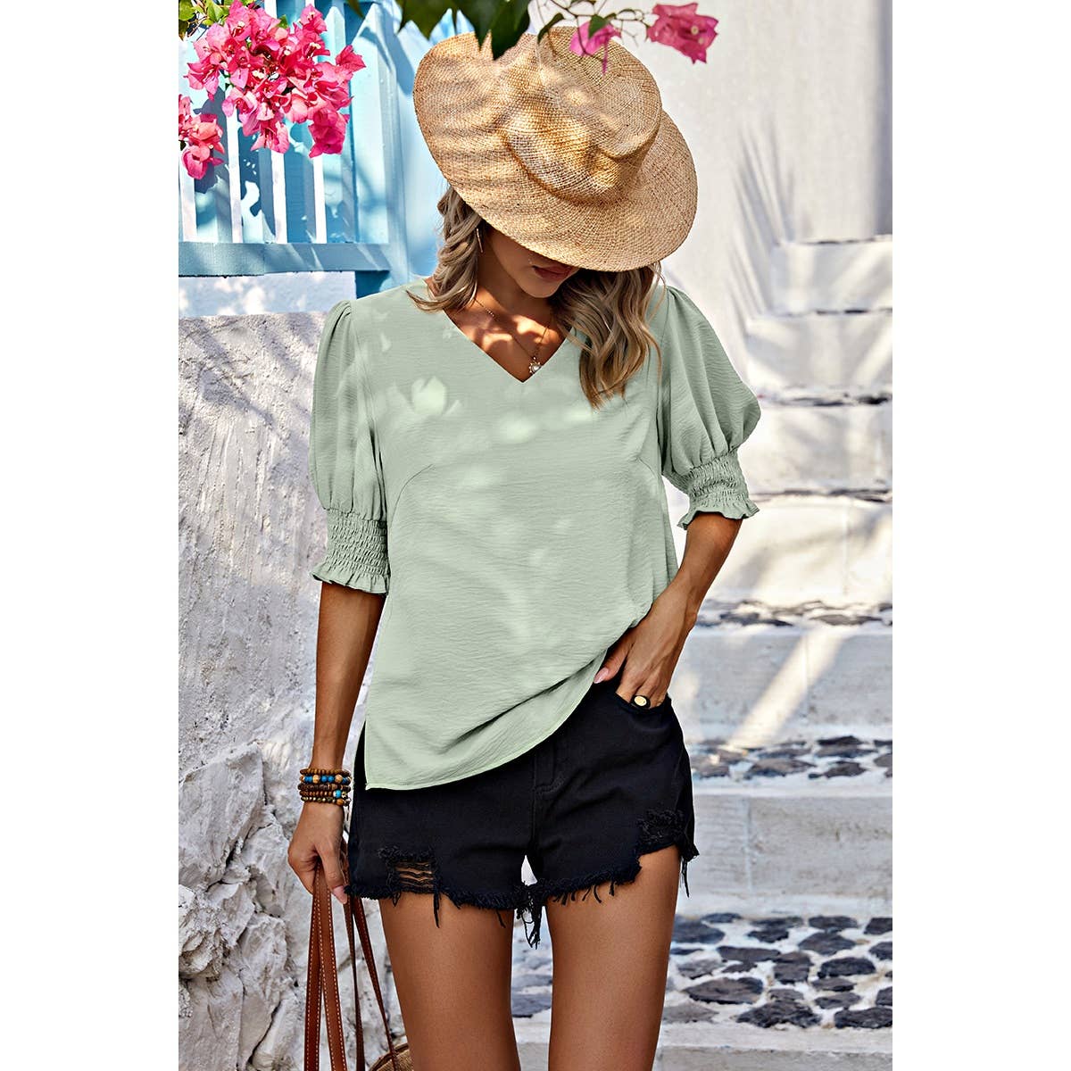 V Neck Half Sleeve Chiffon Ruffle Loose Blouse