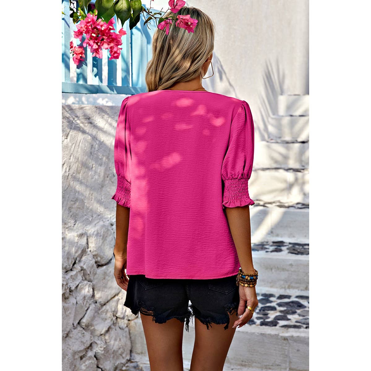 V Neck Half Sleeve Chiffon Ruffle Loose Blouse