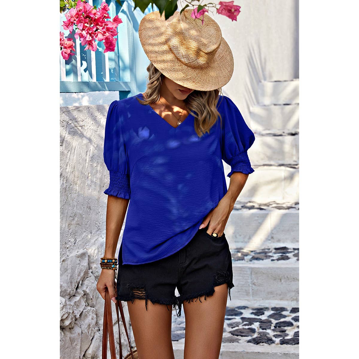 V Neck Half Sleeve Chiffon Ruffle Loose Blouse