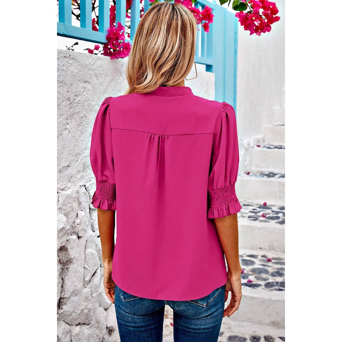 V Neck Ruched Sleeves Solid Loose Fit Blouse