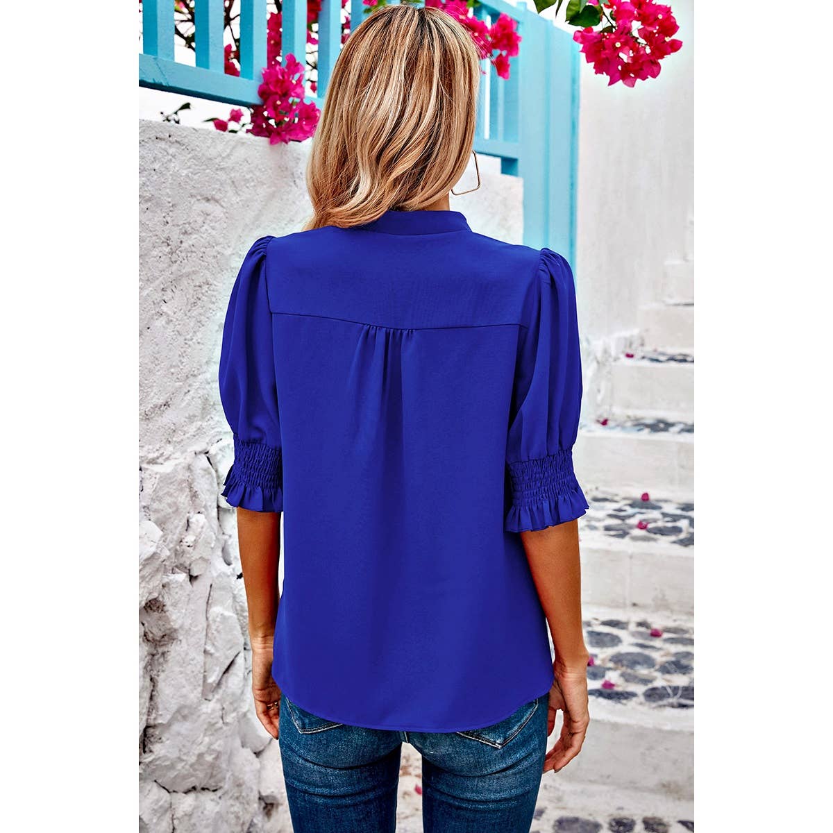 V Neck Ruched Sleeves Solid Loose Fit Blouse