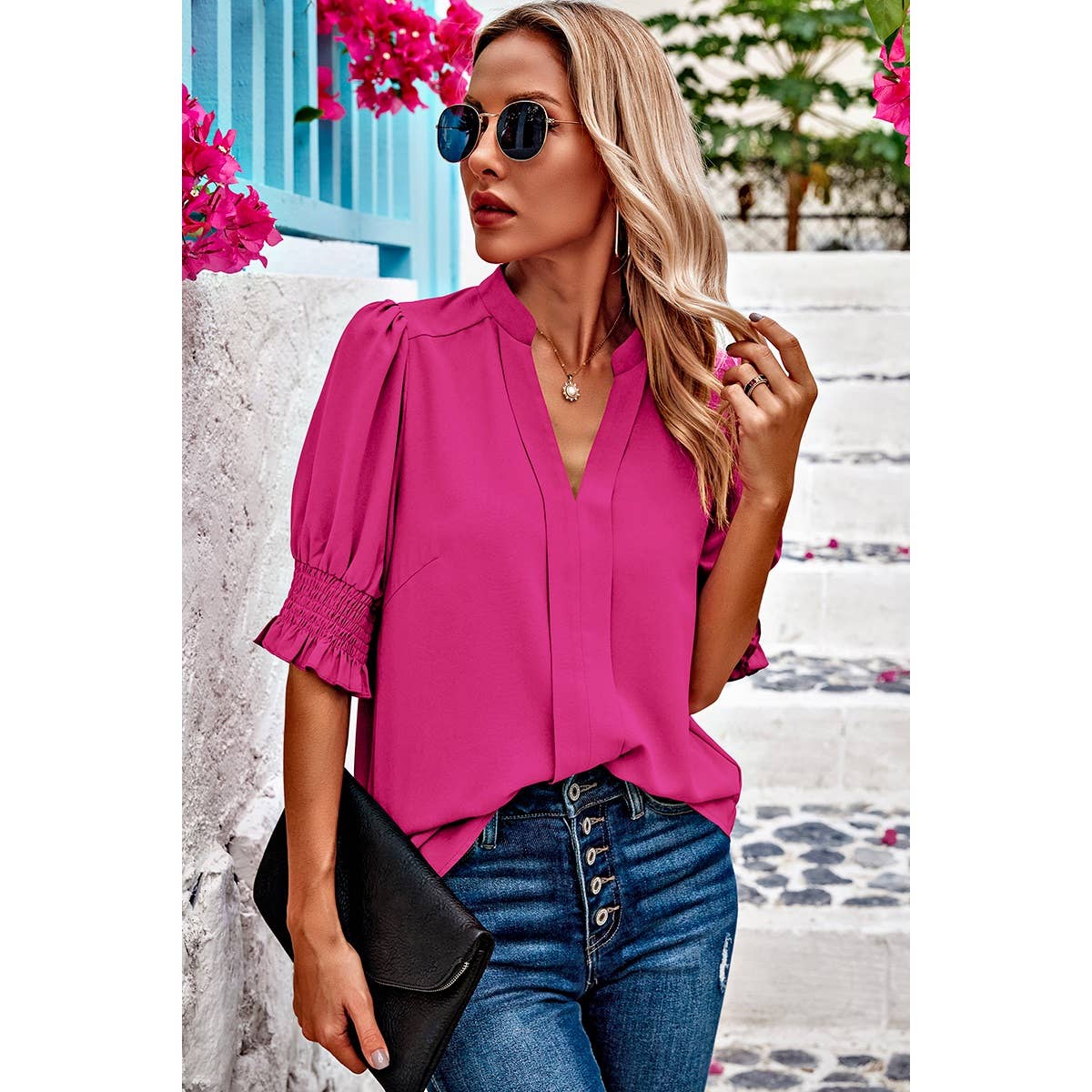 V Neck Ruched Sleeves Solid Loose Fit Blouse