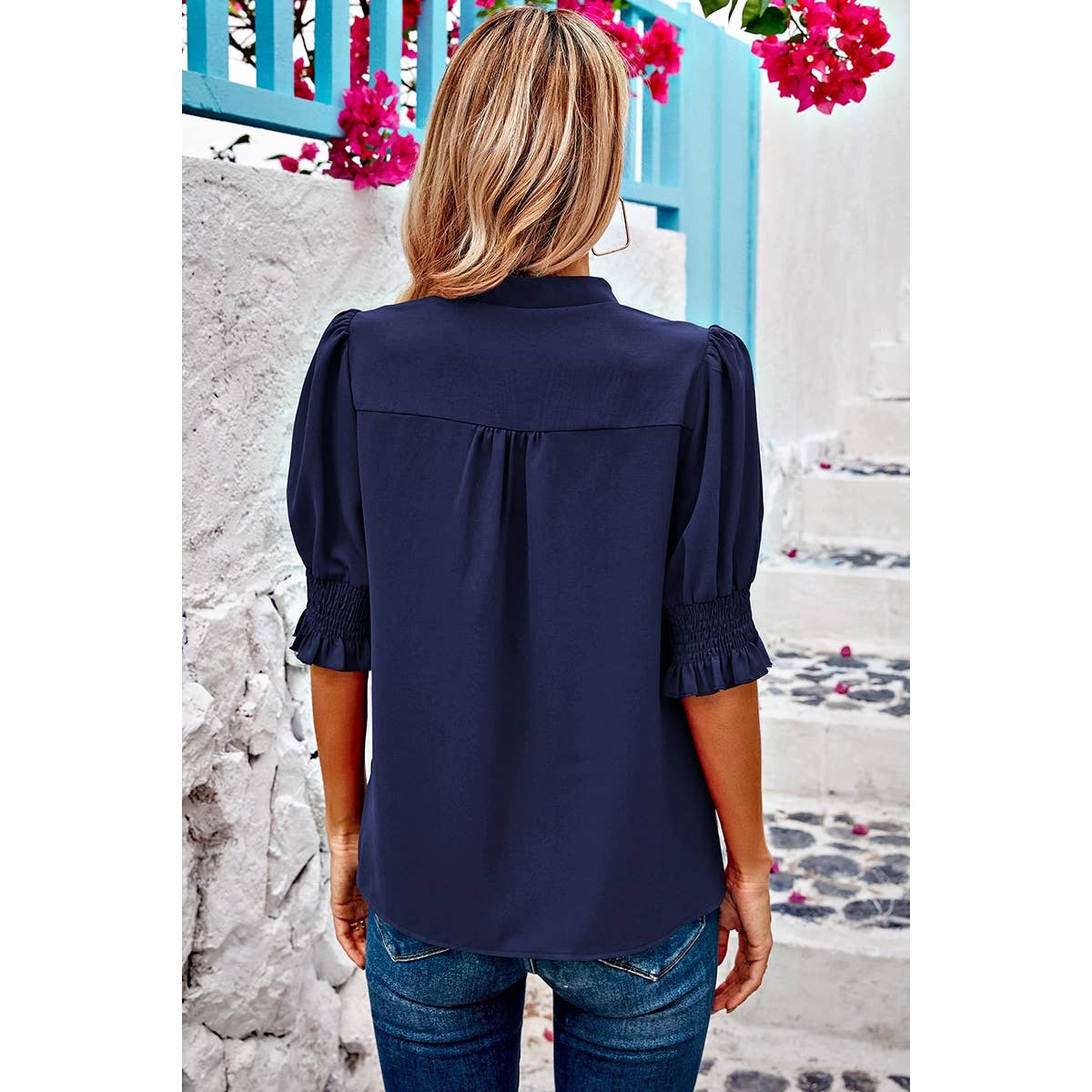 V Neck Ruched Sleeves Solid Loose Fit Blouse