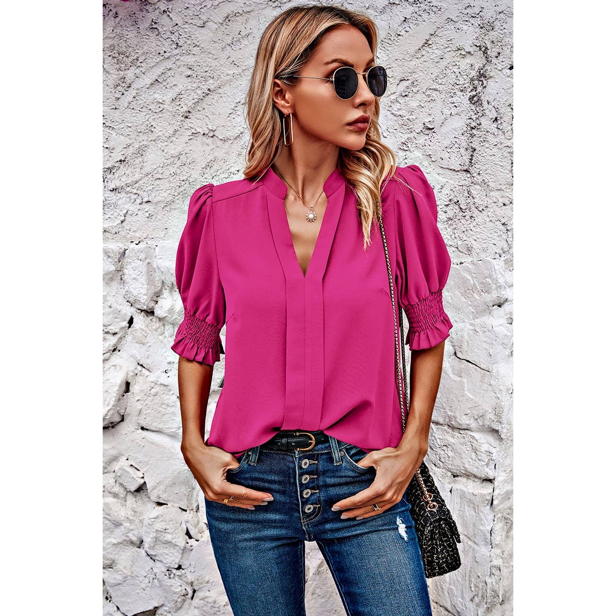 V Neck Ruched Sleeves Solid Loose Fit Blouse