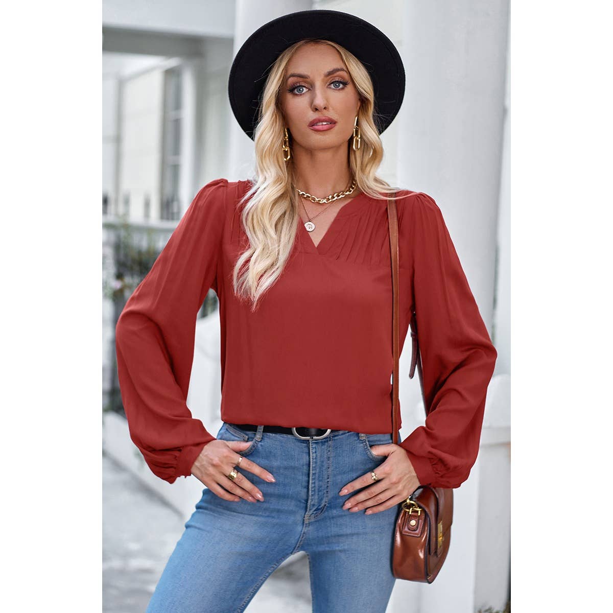 V Neck Ruched Wide Sleeve Loose Fit Solid Blouse - Elings