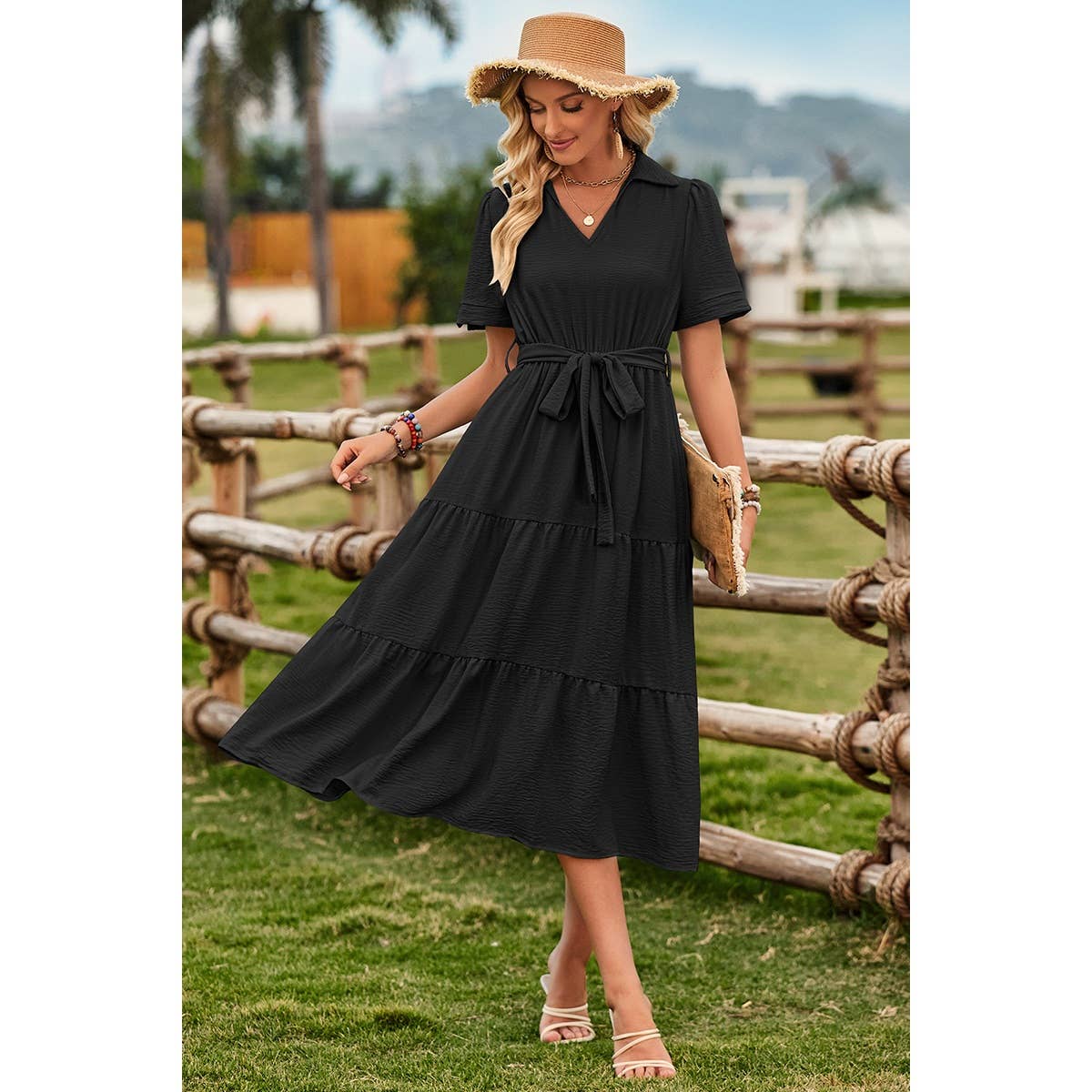 V Neck Ruffle Solid Color Block Belt Dress