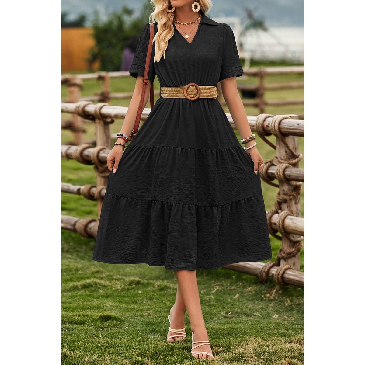V Neck Ruffle Solid Color Block Belt Dress