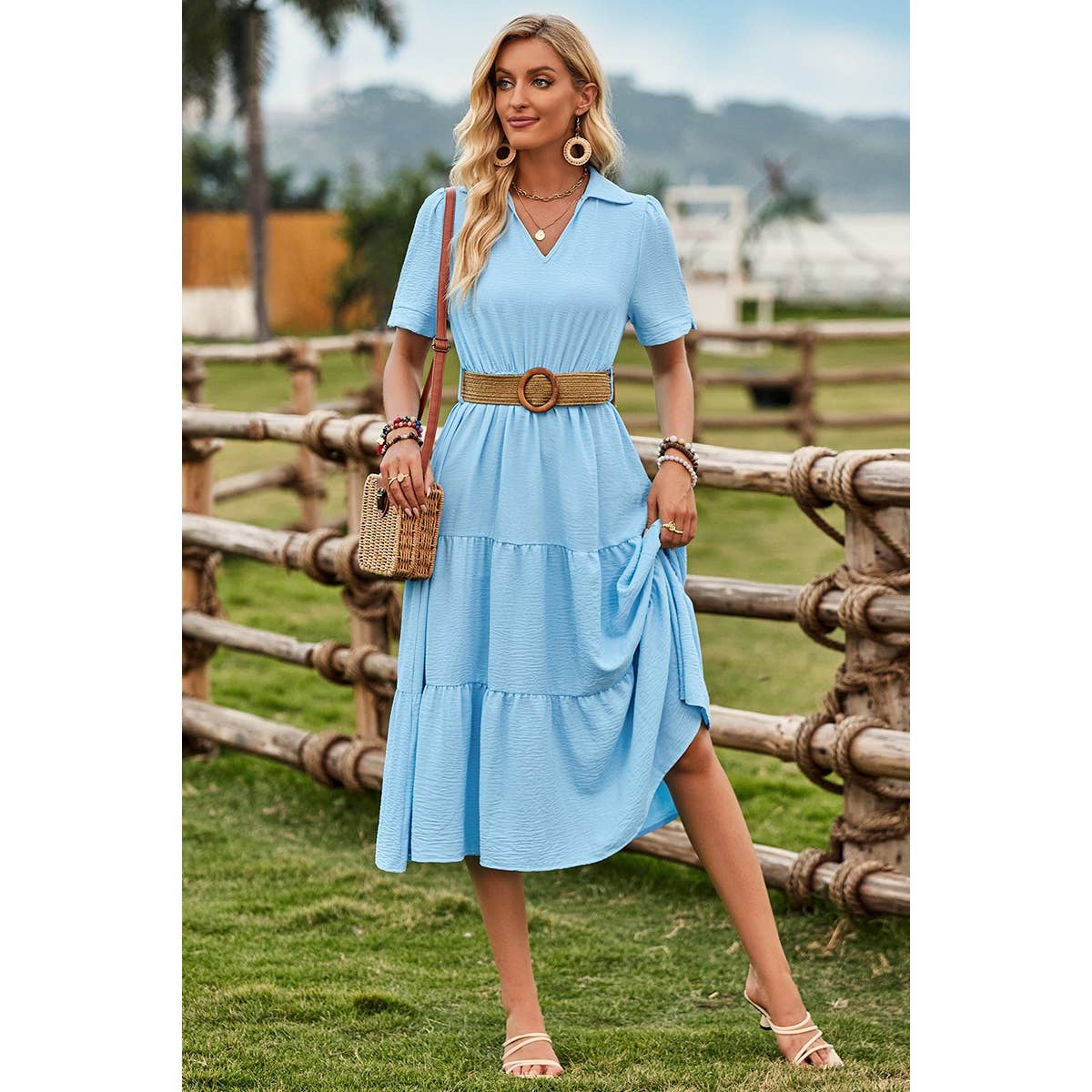 V Neck Ruffle Solid Color Block Belt Dress