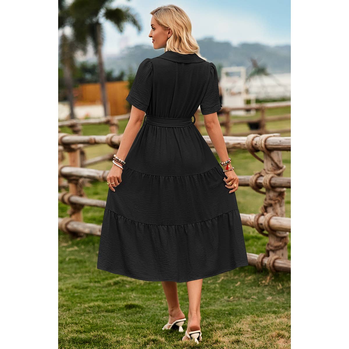 V Neck Ruffle Solid Color Block Belt Dress