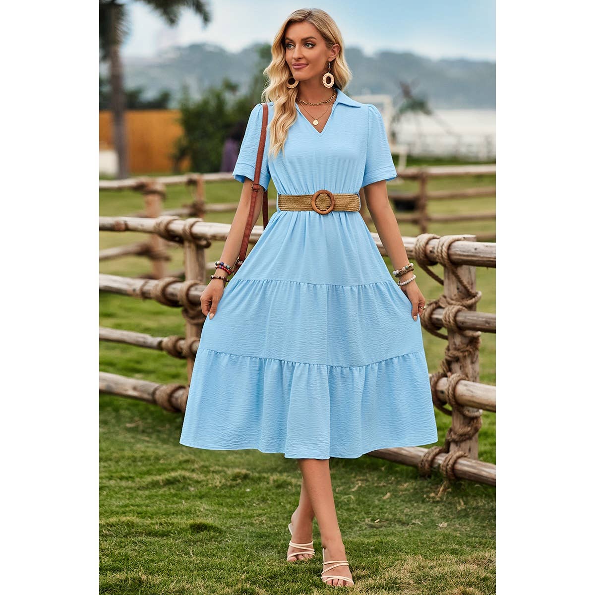 V Neck Ruffle Solid Color Block Belt Dress
