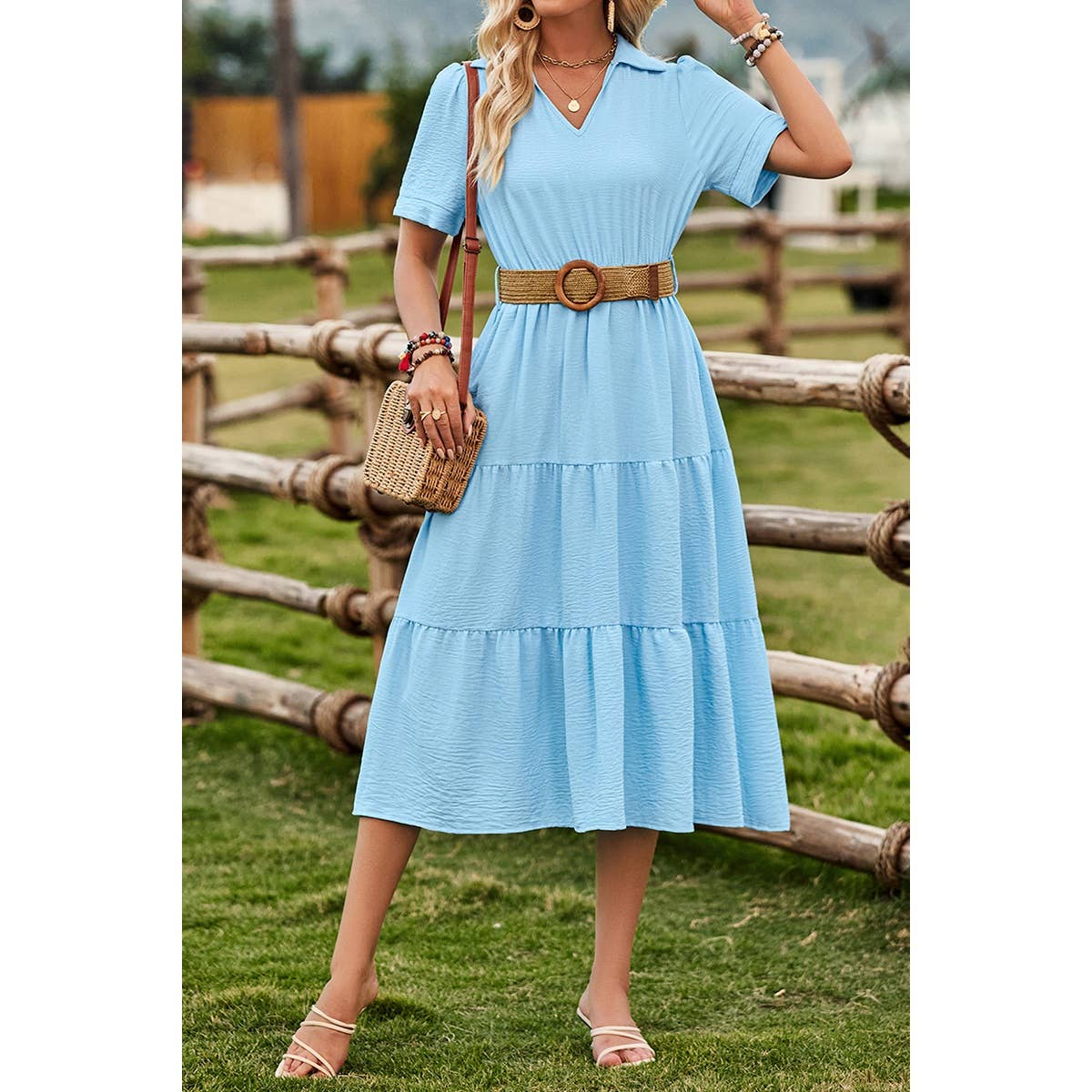 V Neck Ruffle Solid Color Block Belt Dress