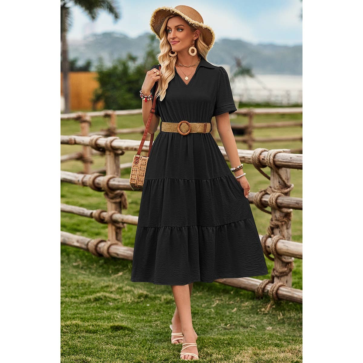 V Neck Ruffle Solid Color Block Belt Dress
