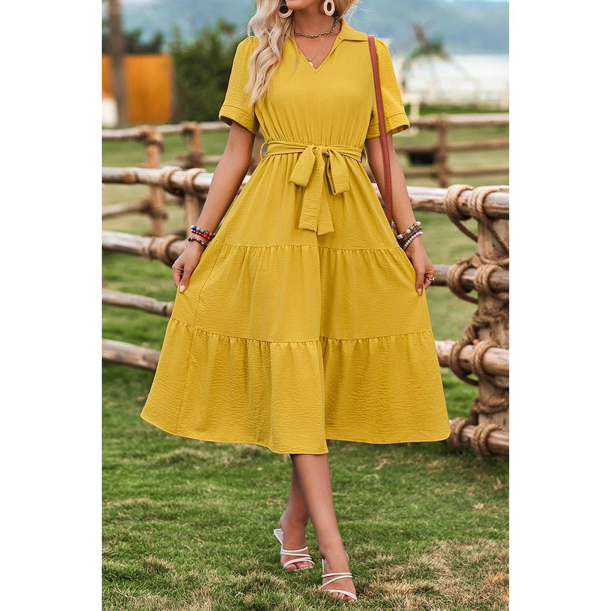 V Neck Ruffle Solid Color Block Belt Dress