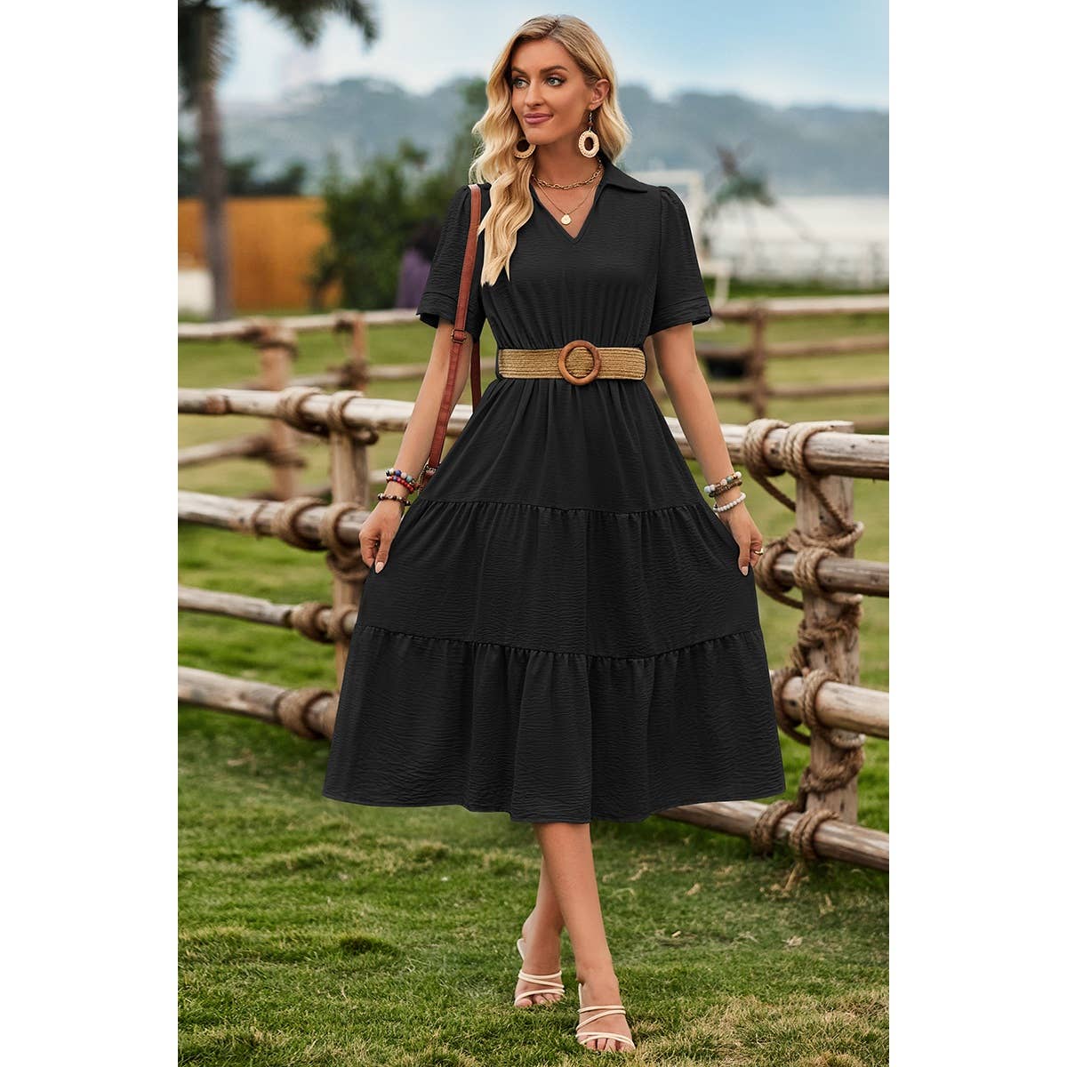 V Neck Ruffle Solid Color Block Belt Dress