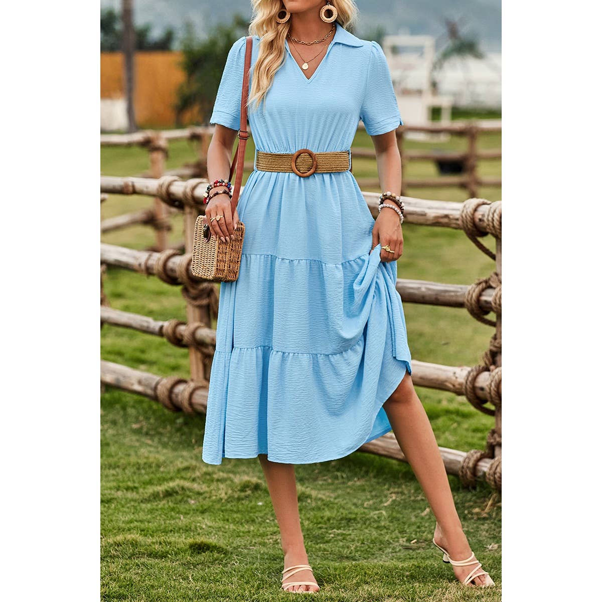 V Neck Ruffle Solid Color Block Belt Dress