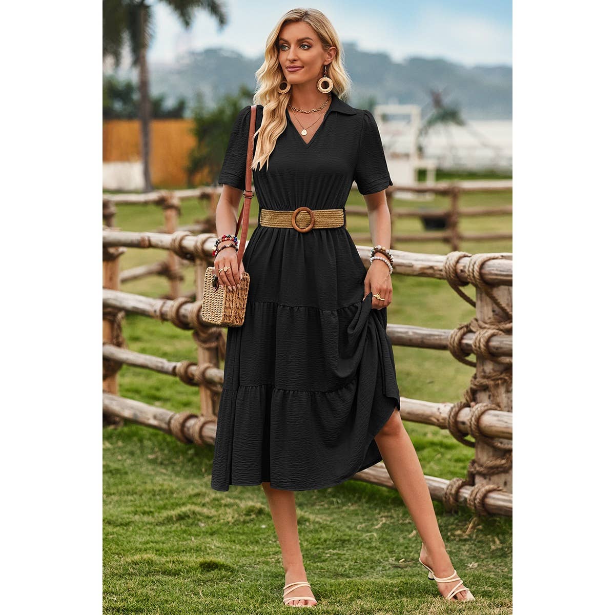 V Neck Ruffle Solid Color Block Belt Dress