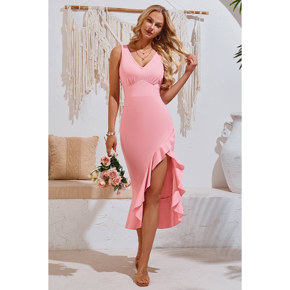 V Neck Sleeveless Asymmetric Ruffle Hem Dress