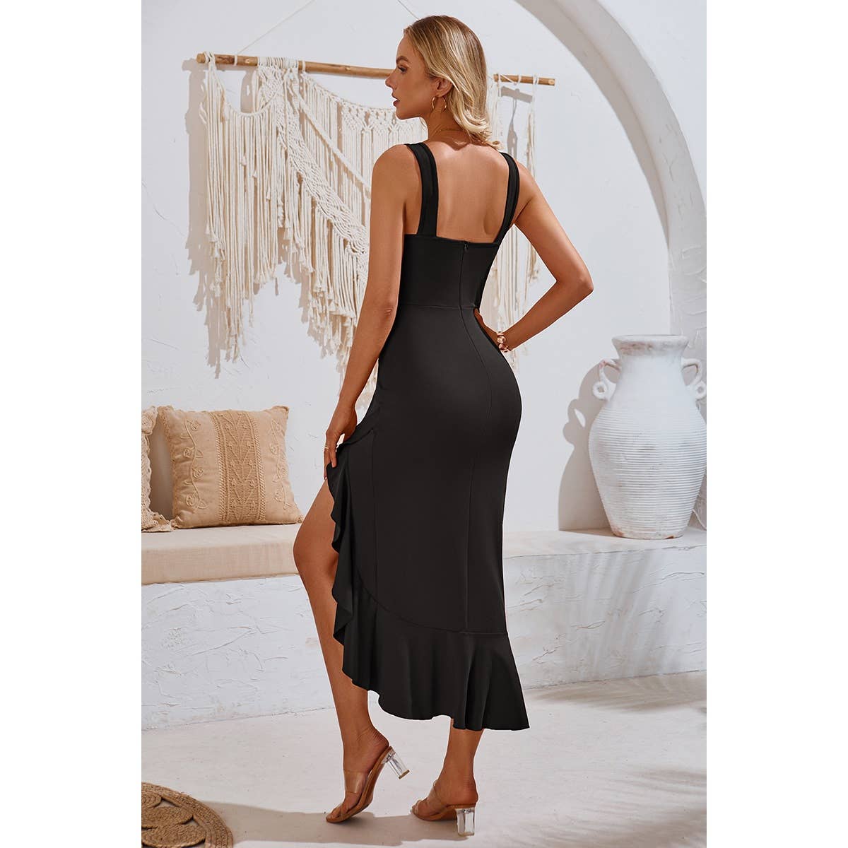 V Neck Sleeveless Asymmetric Ruffle Hem Dress