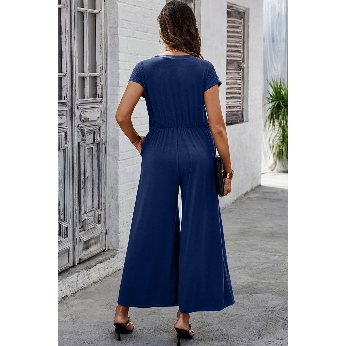 Wide Leg Button Trim Pockets V Neck Jumpsuit