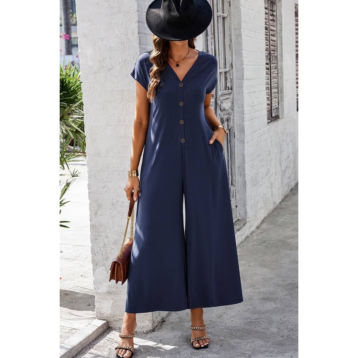 Wide Leg Button Trim Pockets V Neck Jumpsuit