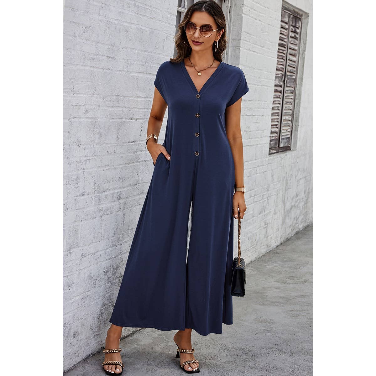 Wide Leg Button Trim Pockets V Neck Jumpsuit