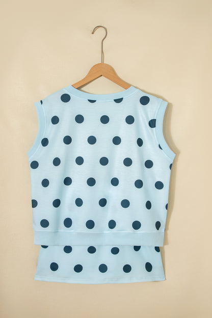 Ribbed Trim Polka Dot Print Tank Split Mini Skort 2pcs Set