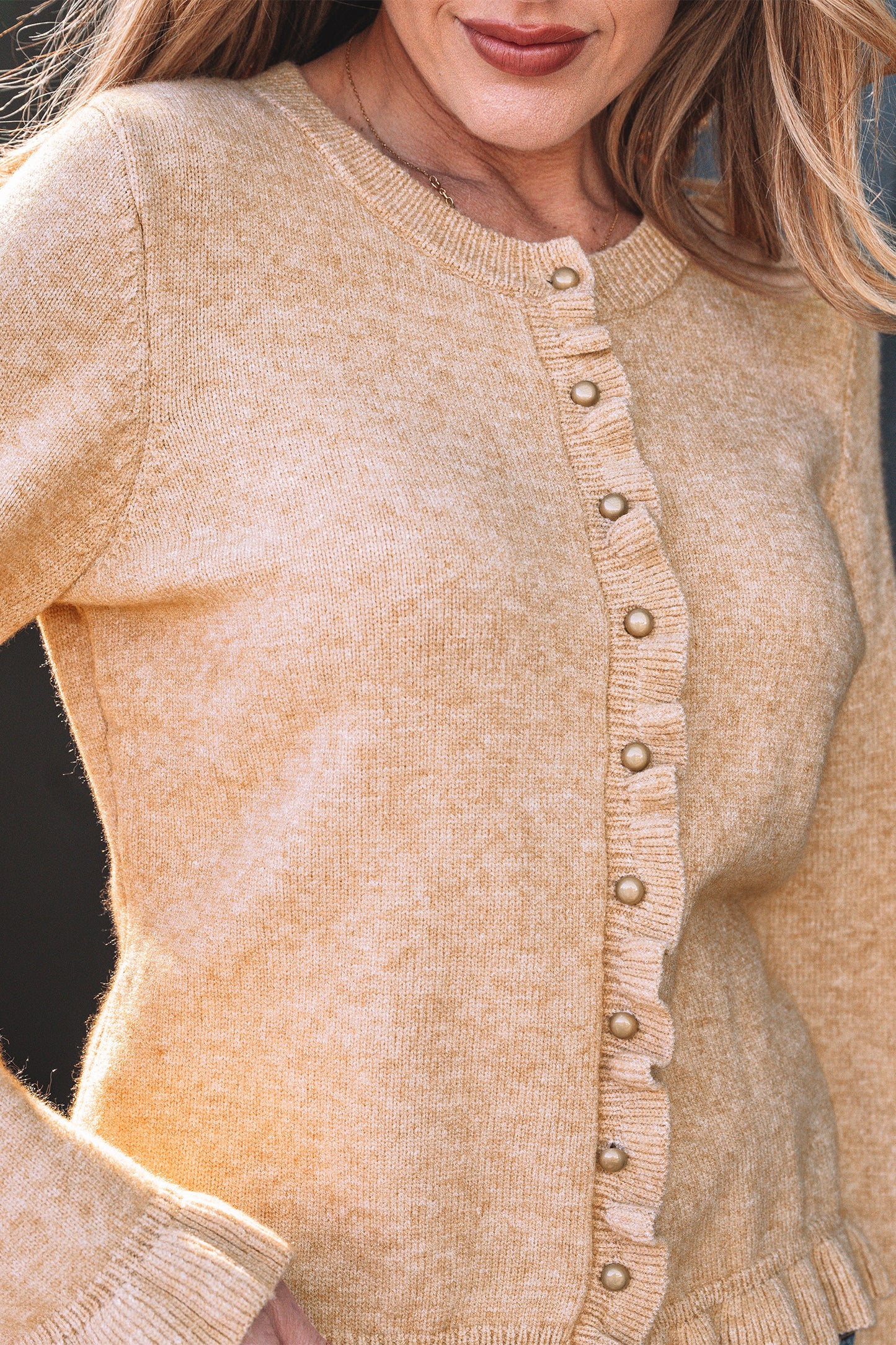 Oatmeal Ruffle Trim Gold Button Sweater Cardigan