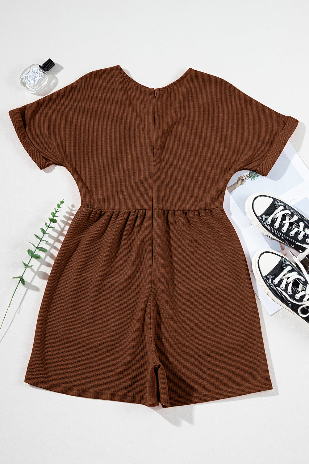 Coffee Solid Color Knit V Neck Zipped Loose Romper