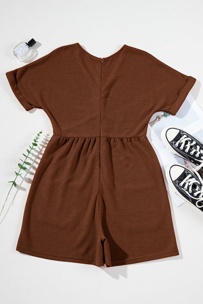 Coffee Solid Color Knit V Neck Zipped Loose Romper