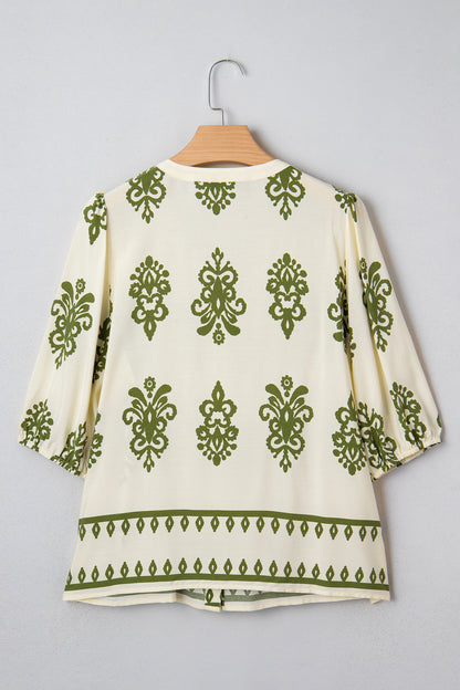 Apricot Floral Print Tie V Neck Button Down Puffy Half Sleeve Shirt