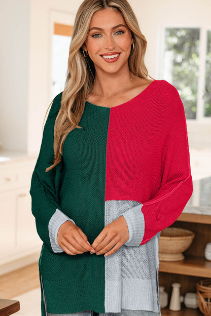 Chestnut Color Block Knit V Neck Loose Sweater