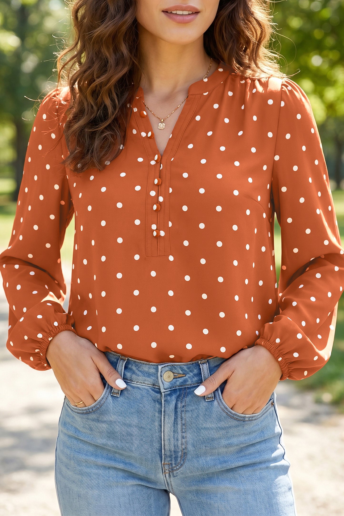 Brown Polka Dot Half Button V Neck Long Sleeve Blouse
