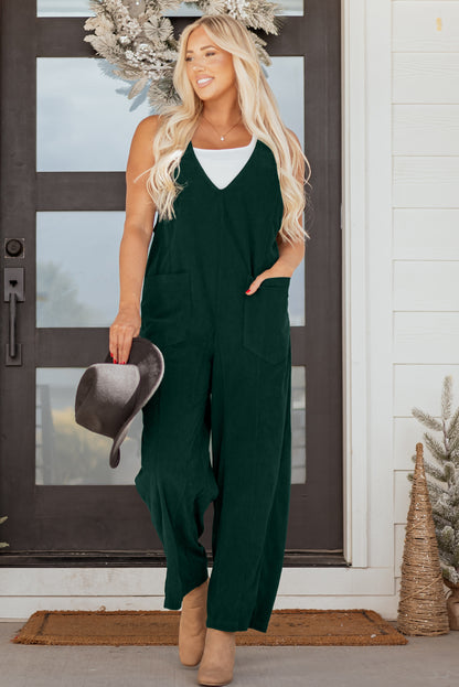 Evergreen Corduroy V Neck Patched Pocket Sleeveless Jumpsuit