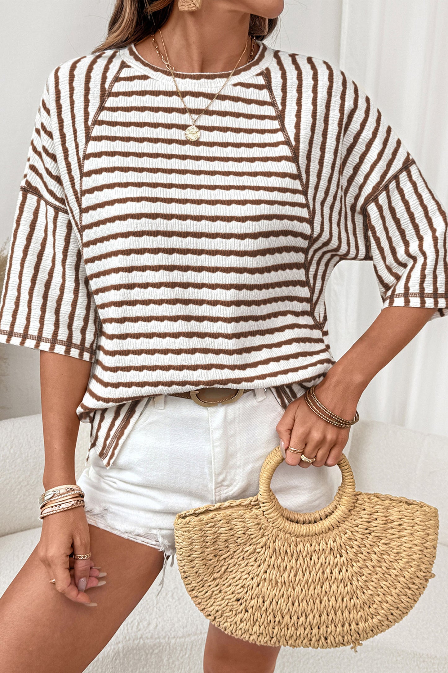 Stripe Textured Knit Split Hem Half Sleeve Loose Top