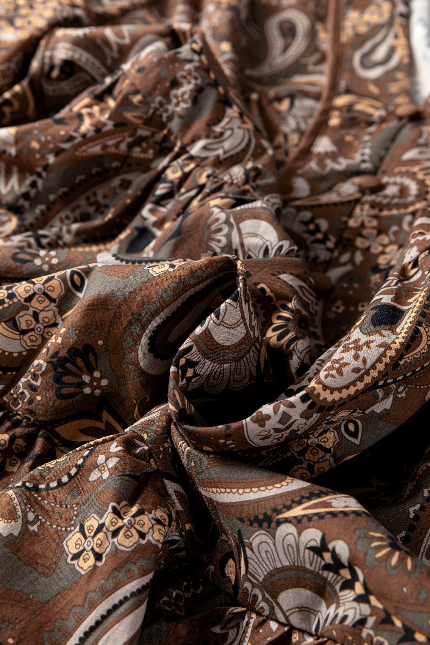 Brown Paisley Print Half Buttons Puff Sleeve Flowy Short Dress