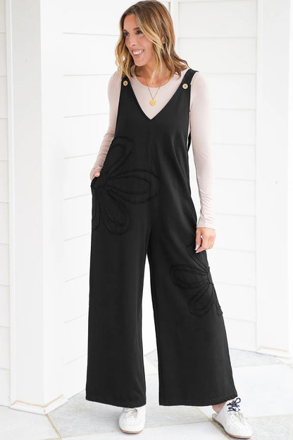 Black Solid Color Raw Seam Big Flower Patched Loose Overall Jumpsuit