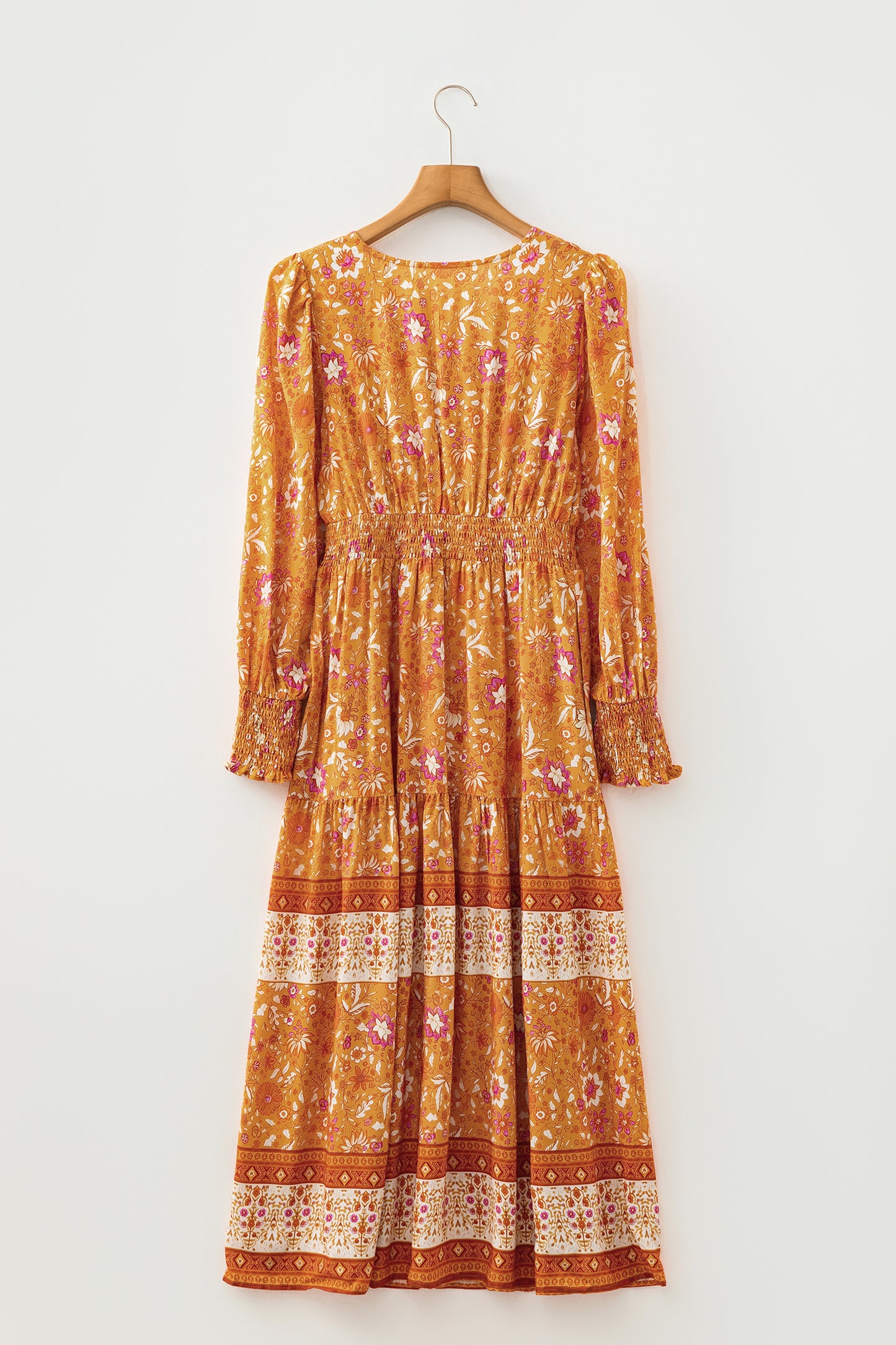 Orange Floral Print Smocked Waist Long Sleeve Boho Maxi Dress