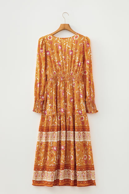 Orange Floral Print Smocked Waist Long Sleeve Boho Maxi Dress