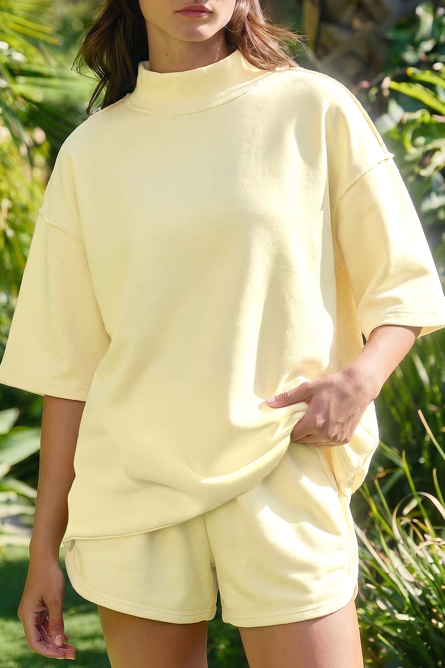 Solid Color Exposed Seam Mock Neck Oversize Tee Casual Shorts 2pcs Outfit