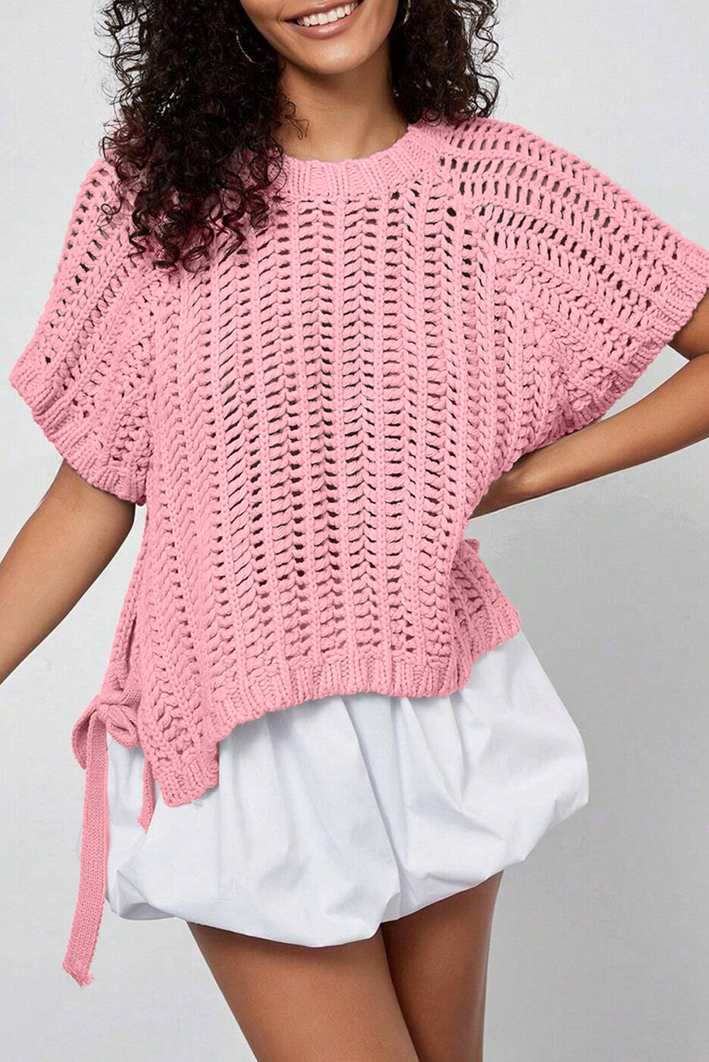 Apricot Plus Size Open Knit Bow Tie Short Sleeve Sweater