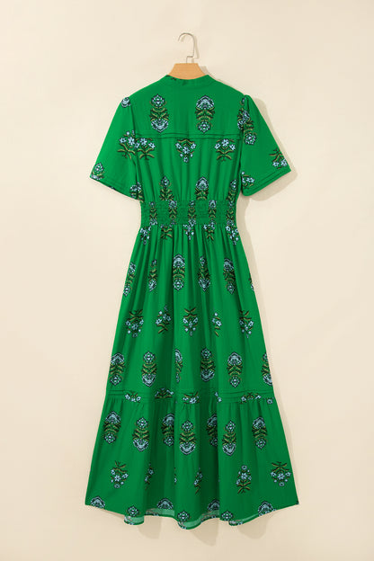 Floral Print Split Neck Shirred High Waist Ruffle Hem Maxi Dress