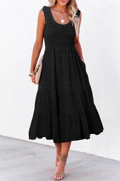 Shirred Pleated Square Neck Sleeveless Midi Dress