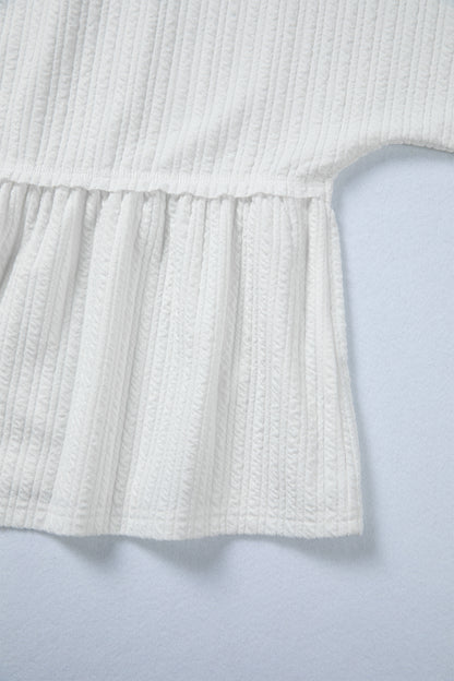 White Solid Color Textured Drop Shoulder Long Sleeve Peplum Top