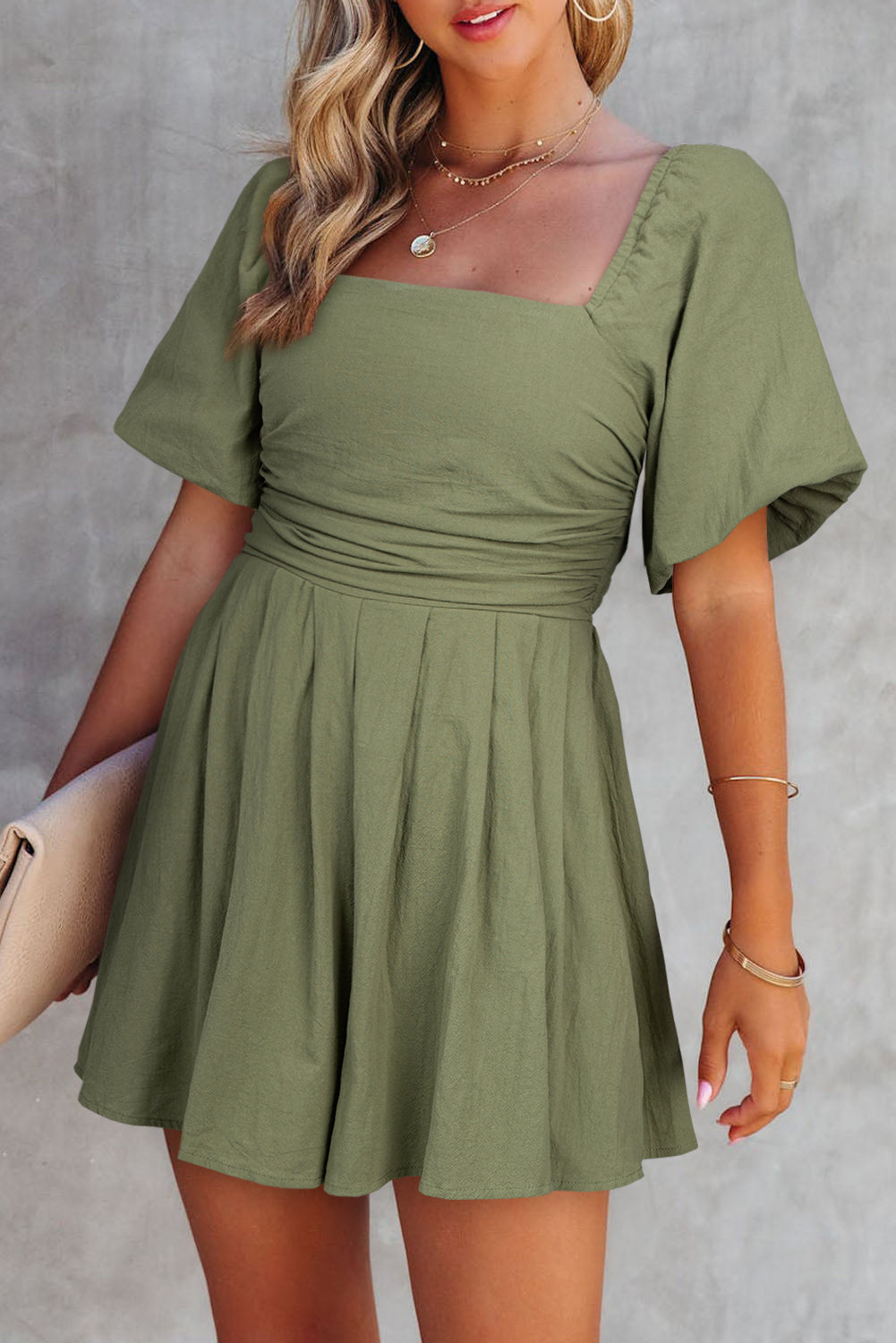 Square Neck Ruched Puff Sleeve Romper