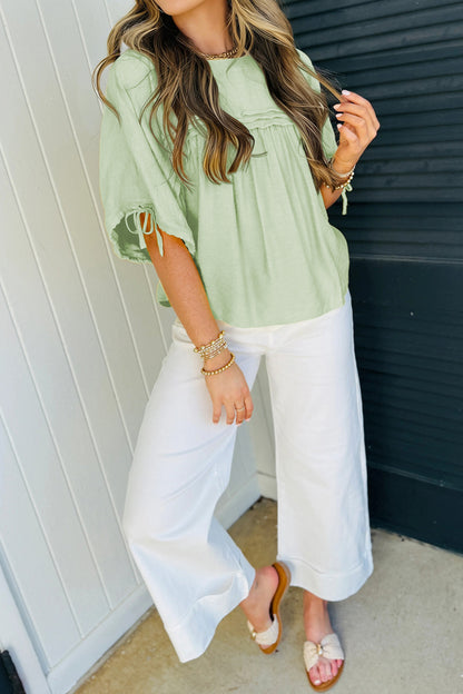 Tie Half Sleeve Pleated Detail Babydoll Blouse
